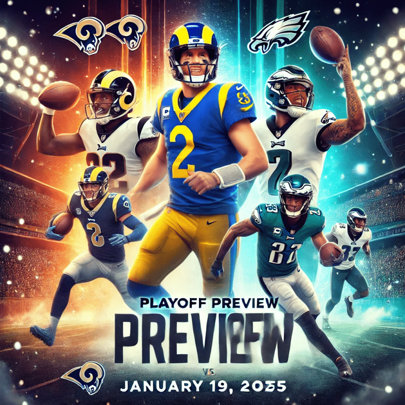 n intense sports graphic showcasing key players Matthew Stafford and Cooper Kupp from the Los Angeles Rams, and Jalen Hurts and A.J. Brown from the Philadelphia Eagles, in action poses. The vibrant stadium backdrop includes falling snow and bold text reading 'Playoff Preview: Rams vs. Eagles, January 19, 2025.