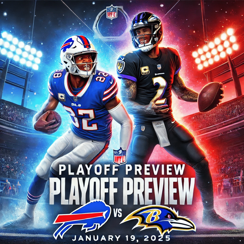 High-energy sports graphic featuring Josh Allen from the Buffalo Bills and Lamar Jackson from the Baltimore Ravens in action poses, set against a vibrant stadium backdrop under bright floodlights. Snowflakes subtly fall, reflecting winter playoff weather. Bold text reads 'Playoff Preview: Bills vs. Ravens, January 19, 2025,' highlighting the intense stakes of this playoff matchup.