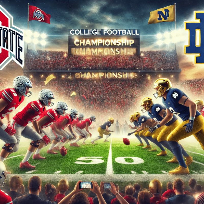 Illustration of a college football championship game featuring the Ohio State Buckeyes in red uniforms and the Notre Dame Fighting Irish in blue and gold uniforms, set in a vibrant stadium filled with cheering fans and bright stadium lights.