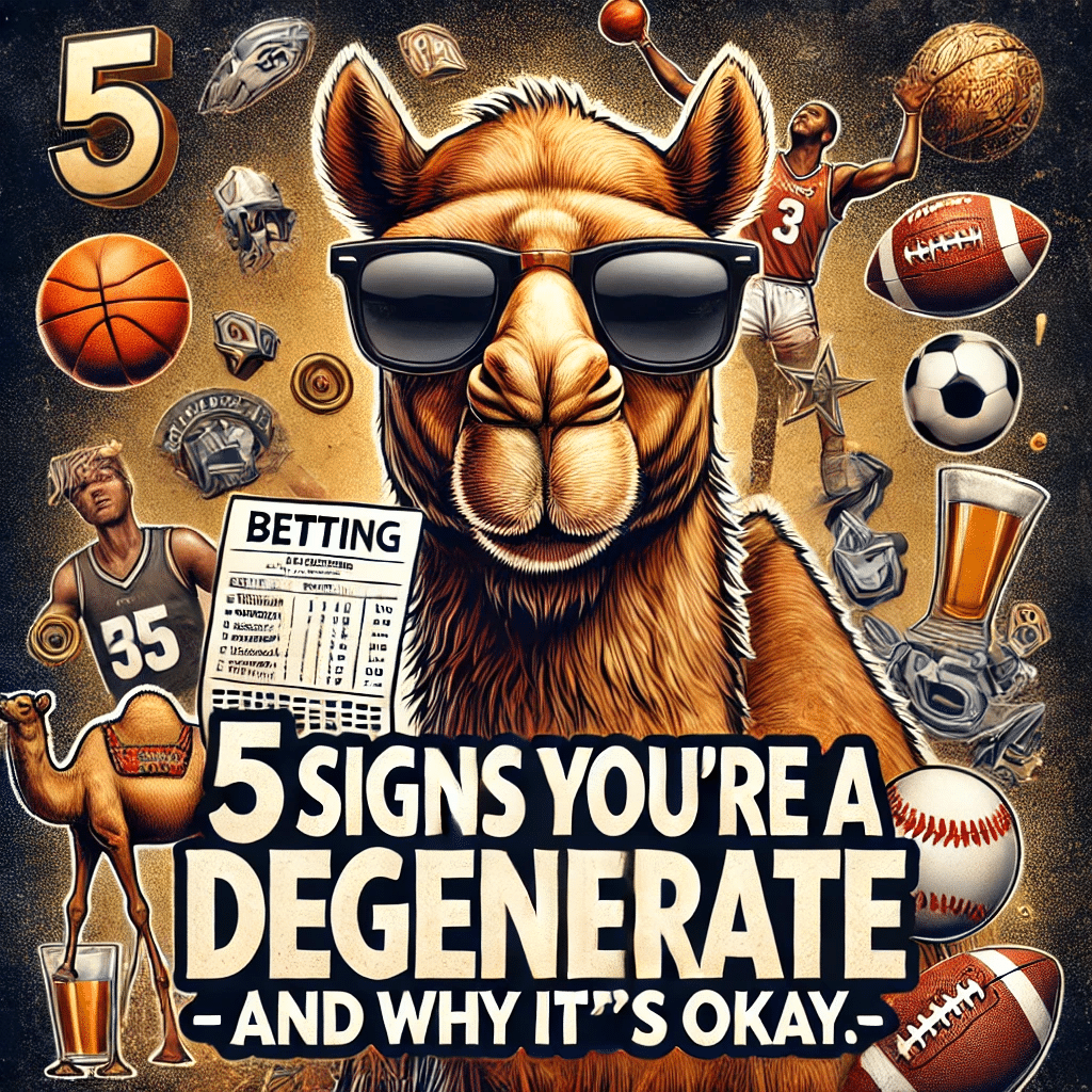 Confident camel wearing sunglasses with a betting slip, playful sports background.