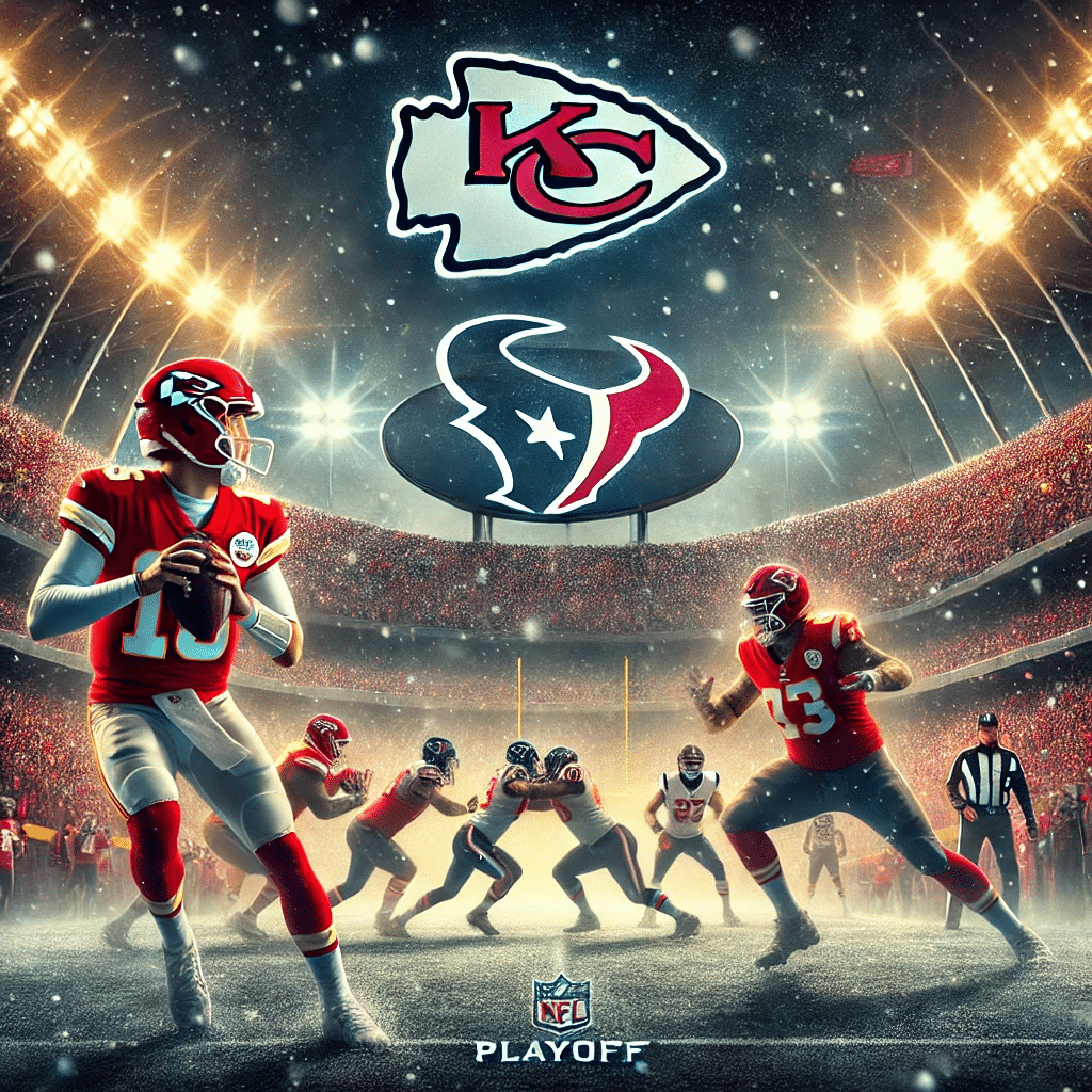 Illustration of an NFL playoff game between the Kansas City Chiefs and Houston Texans at Arrowhead Stadium. Patrick Mahomes prepares to throw a pass while C.J. Stroud leads the Texans' offense. Snowflakes fall under the bright stadium lights, capturing the intensity and excitement of a January playoff atmosphere.