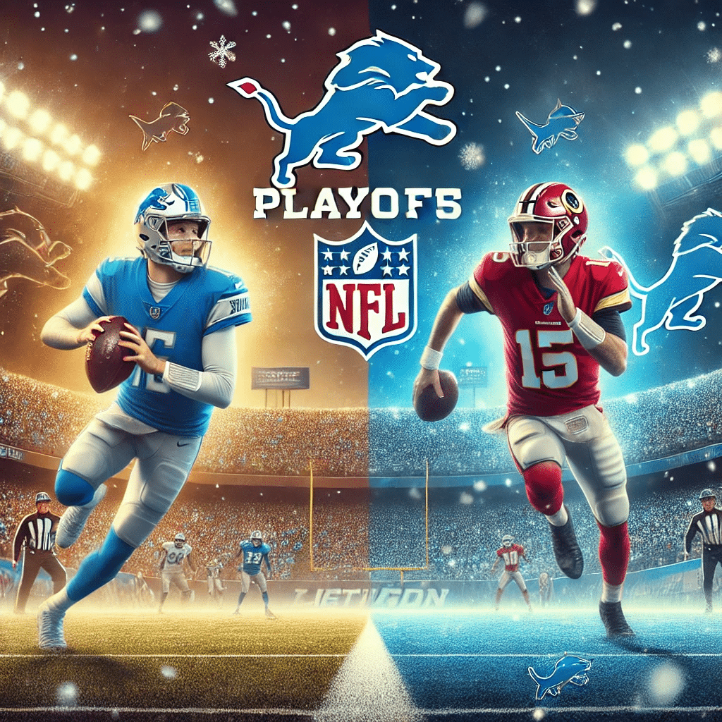 Illustration of an NFL playoff game featuring the Detroit Lions and Washington Commanders. Jared Goff is seen throwing a pass for the Lions, while Jayden Daniels scrambles to make a play for the Commanders. The stadium is filled with cheering fans, bright floodlights, and team banners from both sides, with snowflakes gently falling to highlight the competitive playoff atmosphere.